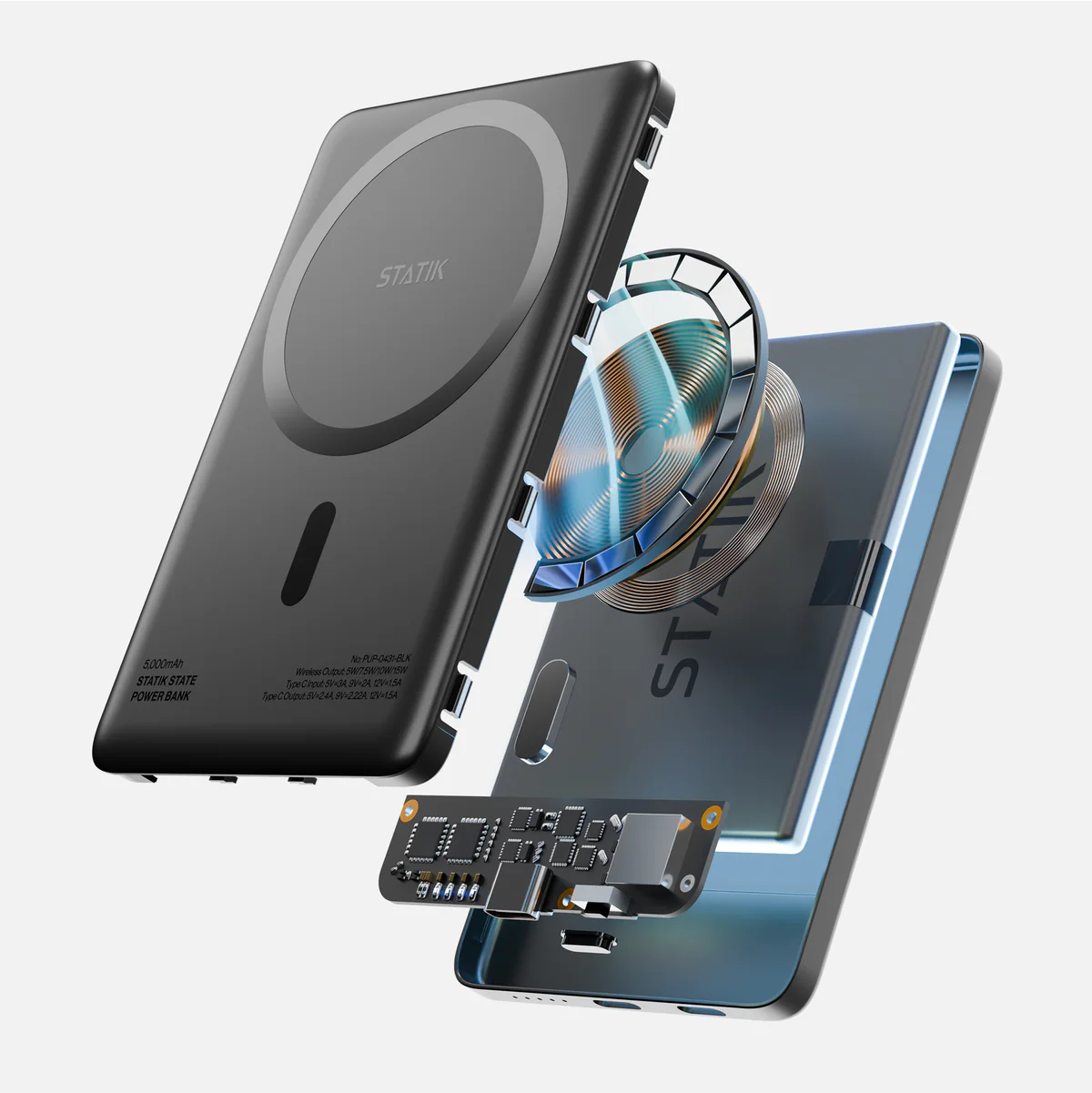Explosionsdarstellung der Powerbank mit Spule und Gehäuse